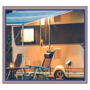 RV with its awning pulling out and chairs underneath it.