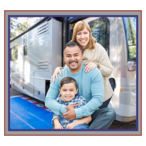Happy family in front of an RV.
