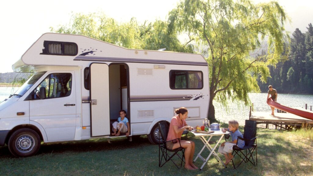 family cooking at an RV park
