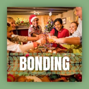 Bonding title, with people cheers-ing around a Christmas table.