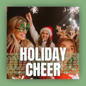 Holiday Cheer title - with family holding sparklers and dressed in festive Christmas clothing