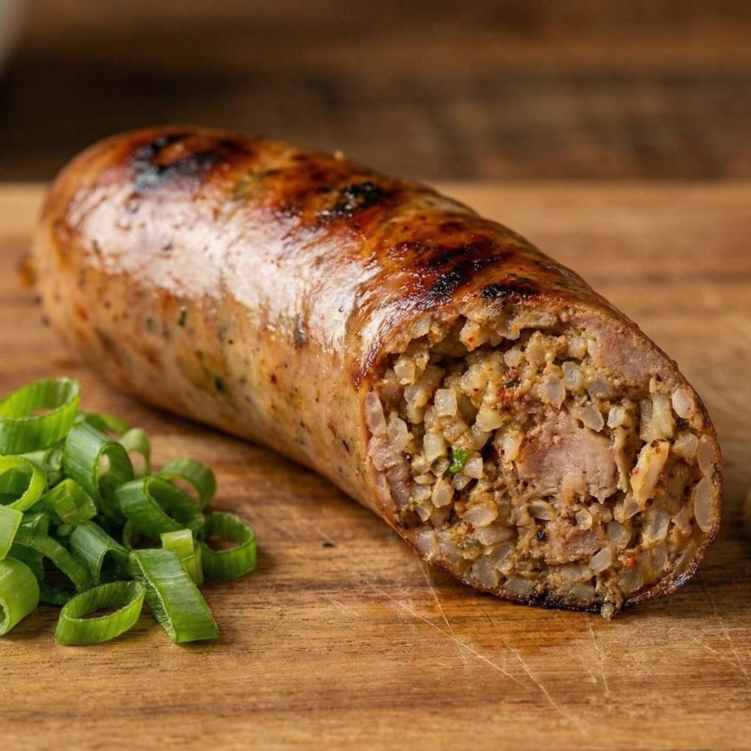 A close-up photograph of a boudin sausage link cut open to show the rice filling.